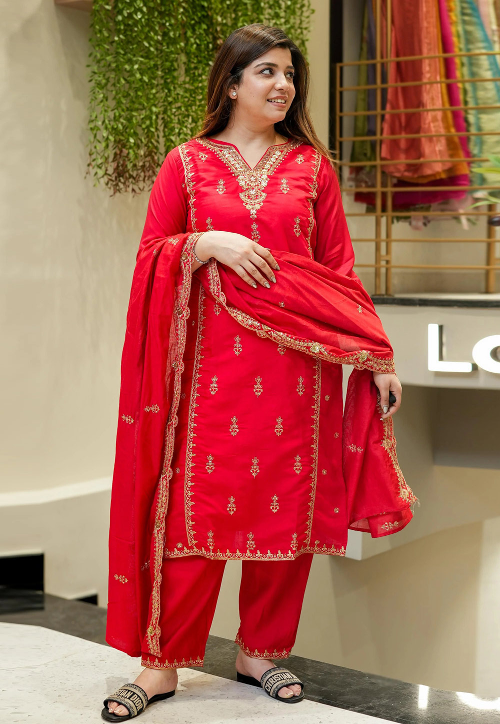 Red Chanderi Silk Readymade Pant Style Suit 319335