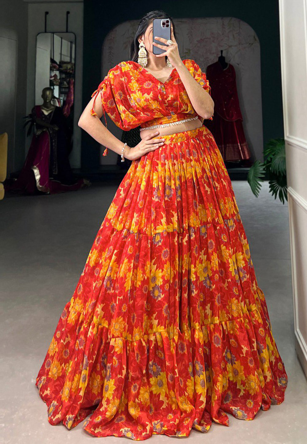 Red Chiffon Floral print Lehenga choli 307886