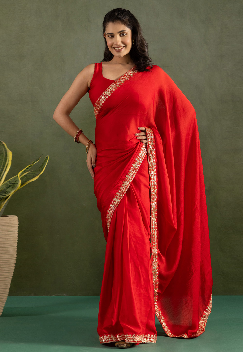 Red Chiffon Lehenga Saree 311584