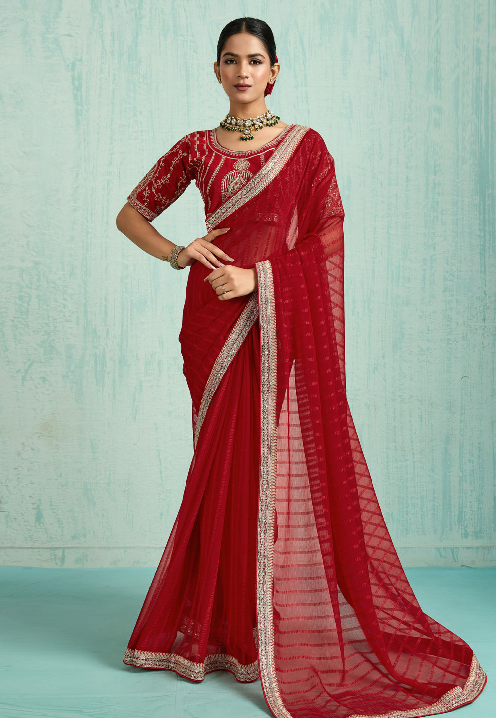 Red Chiffon Saree With Blouse 318201