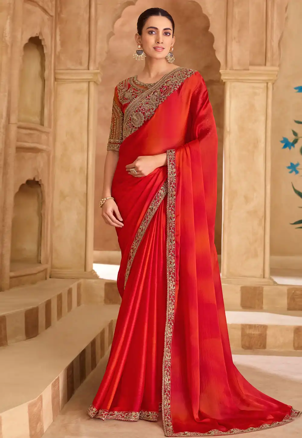 Red Chiffon Saree With Blouse 324688
