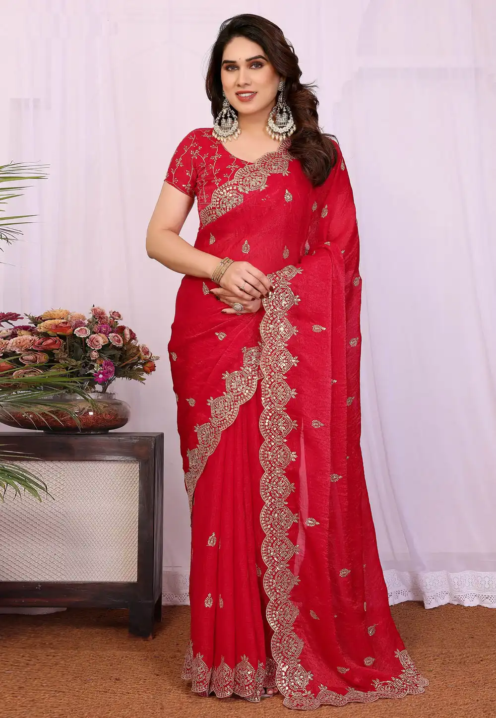 Red Chiffon Saree With Blouse 319849