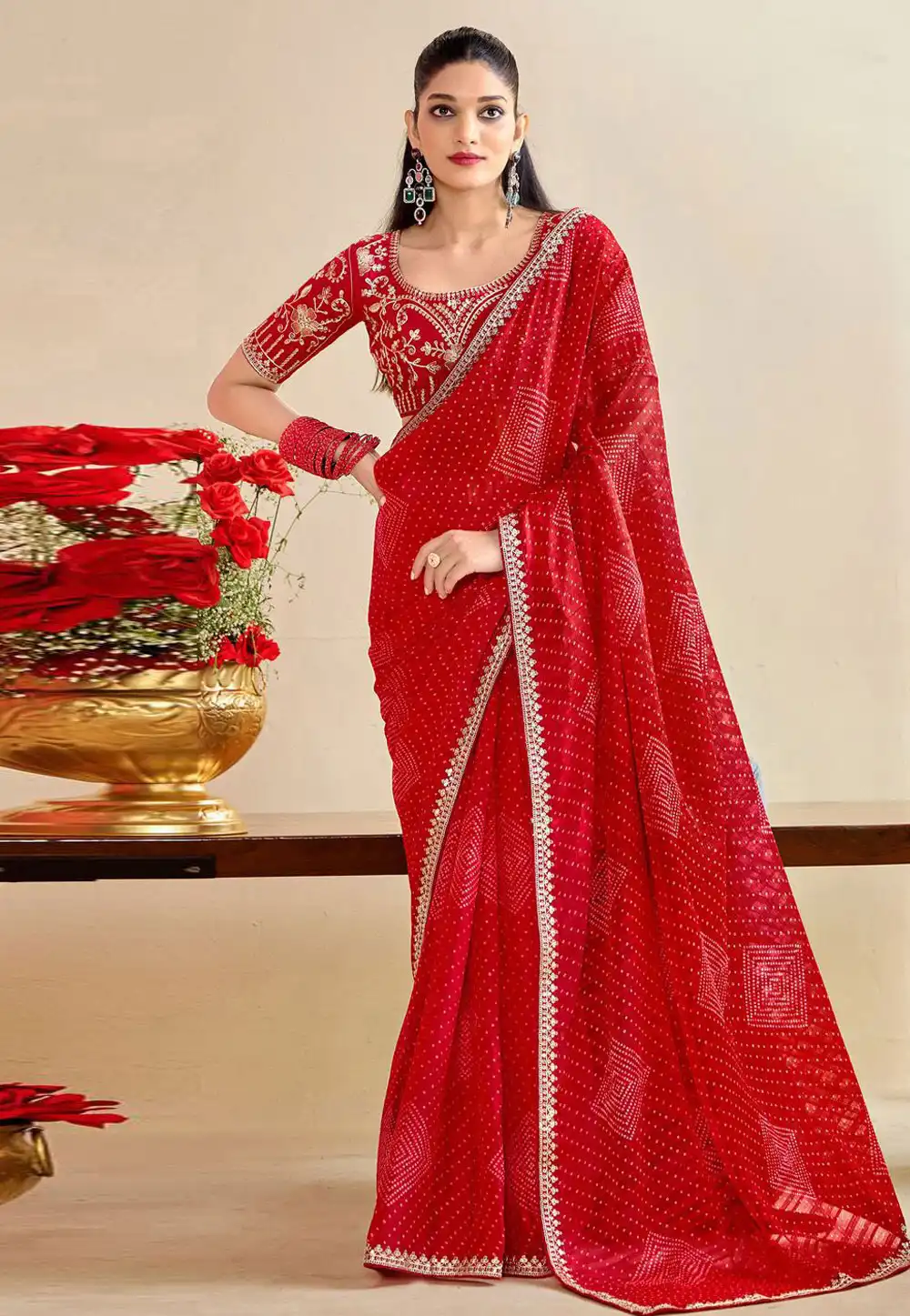 Red Chiffon Saree With Blouse 321527