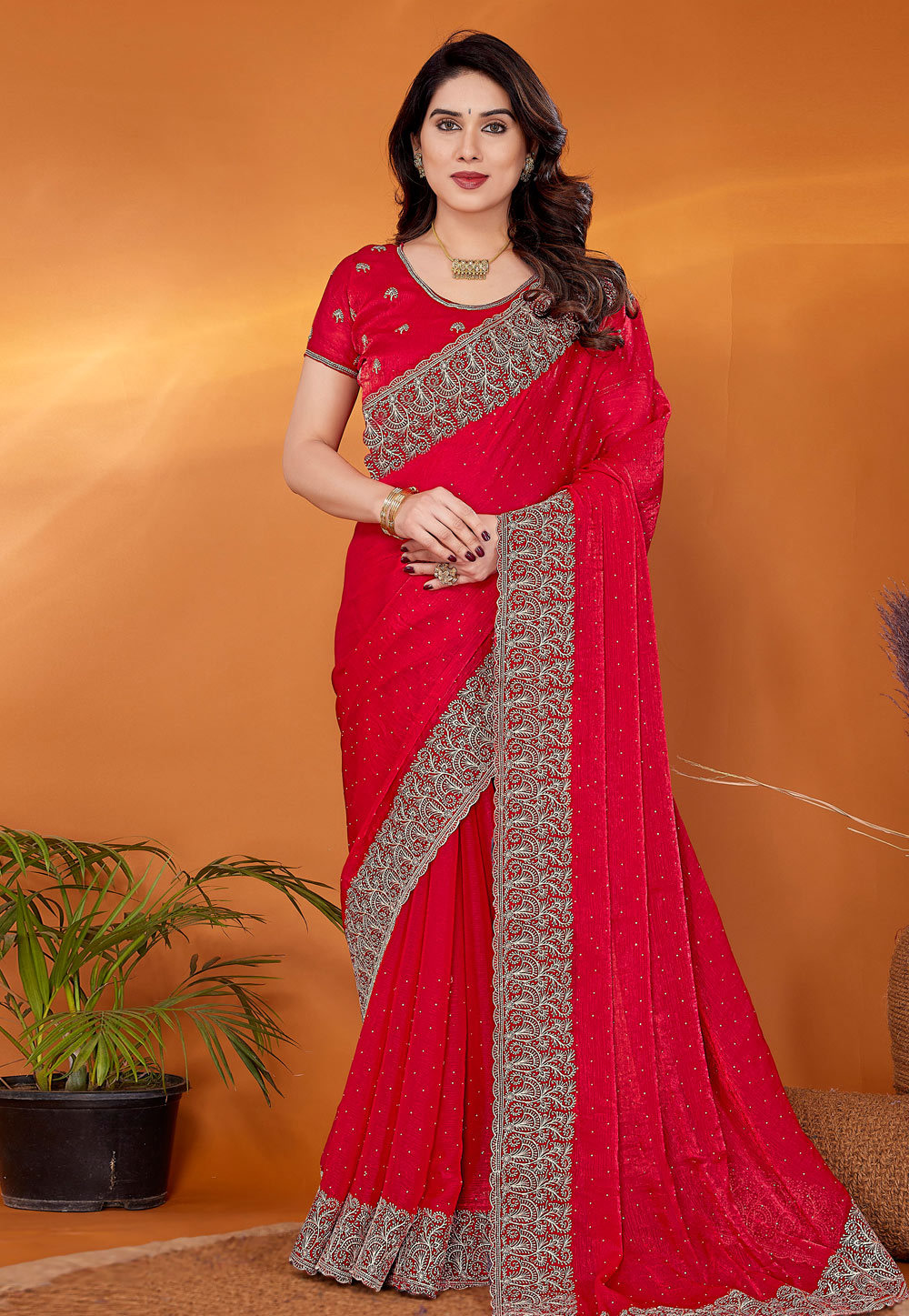 Red Chiffon Saree With Blouse 308219