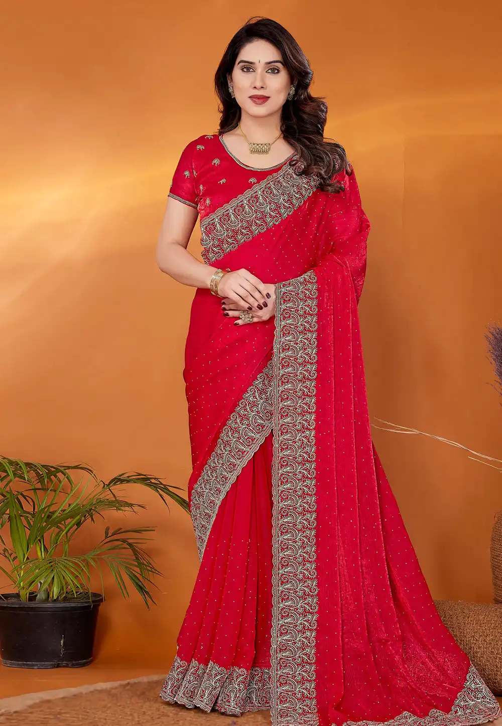 Red Chiffon Saree With Blouse 308219
