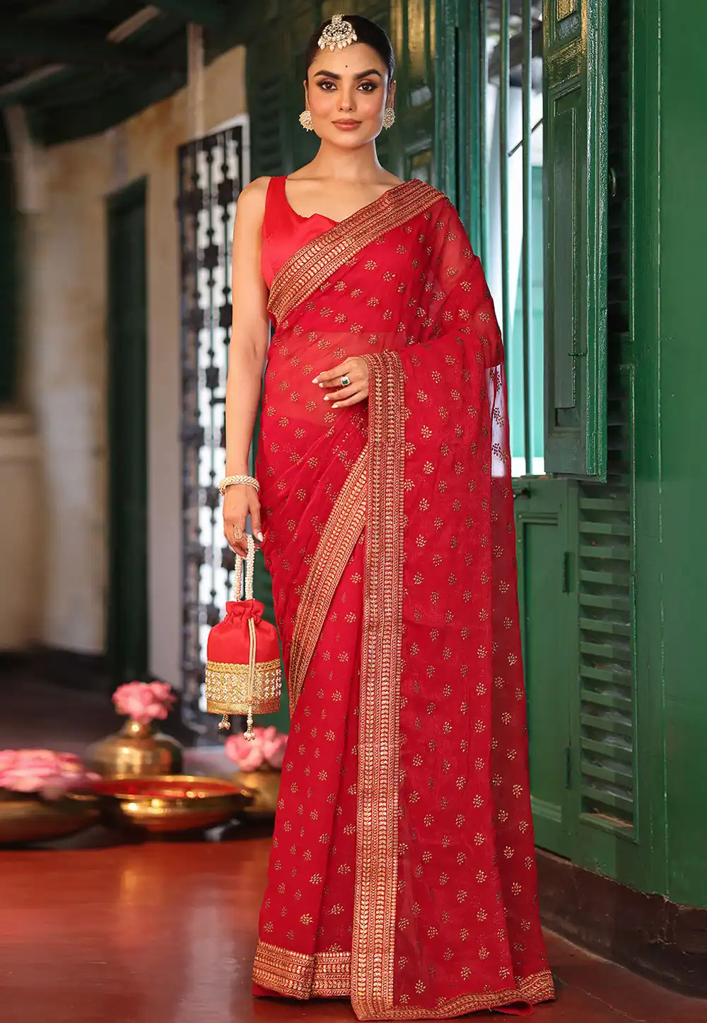 Red Chiffon Saree With Blouse 319988