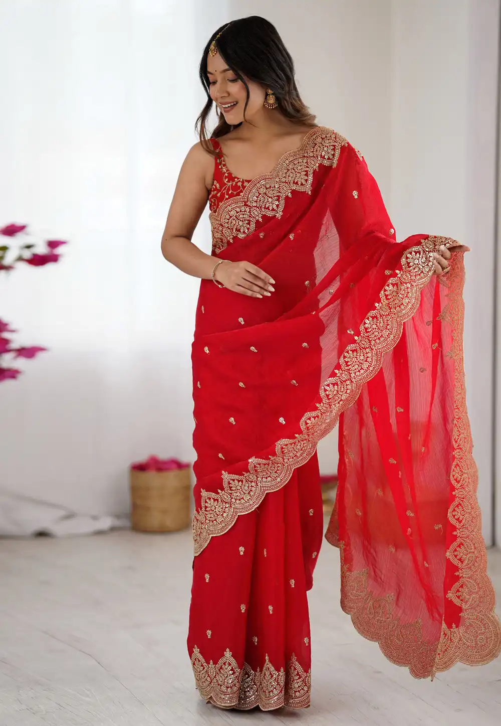 Red Chiffon Saree With Blouse 323199