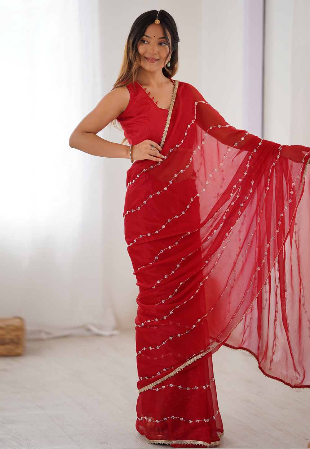 Red Chiffon Saree With Blouse 311180