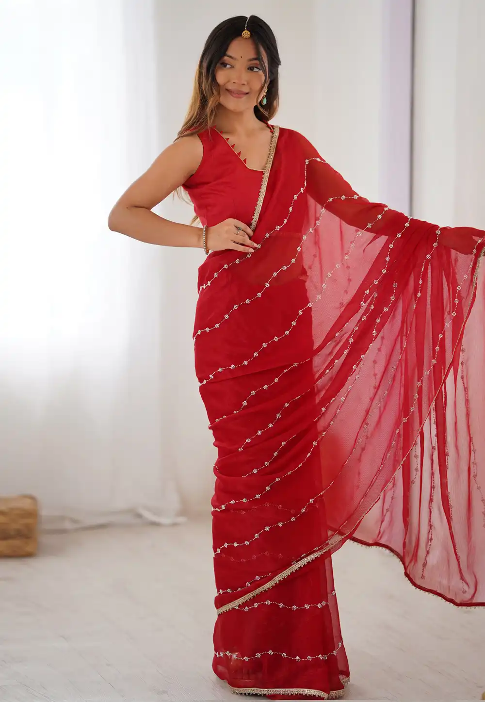 Red Chiffon Saree With Blouse 311180