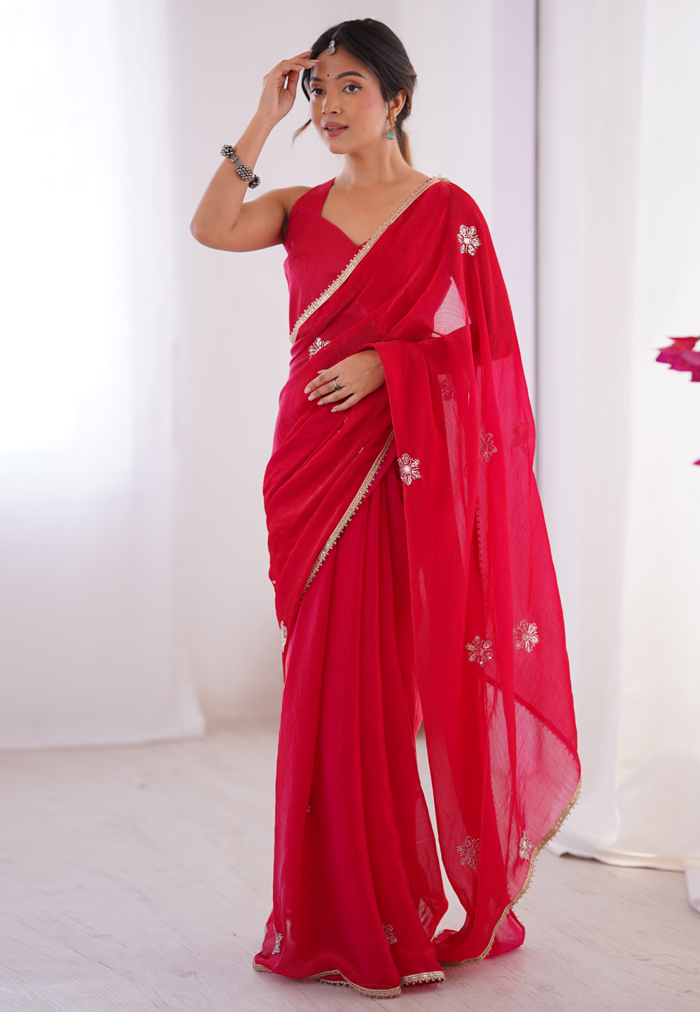 Red Chiffon Saree With Blouse 311186