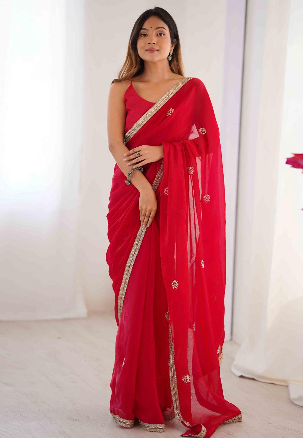 Red Chiffon Saree With Blouse 311190