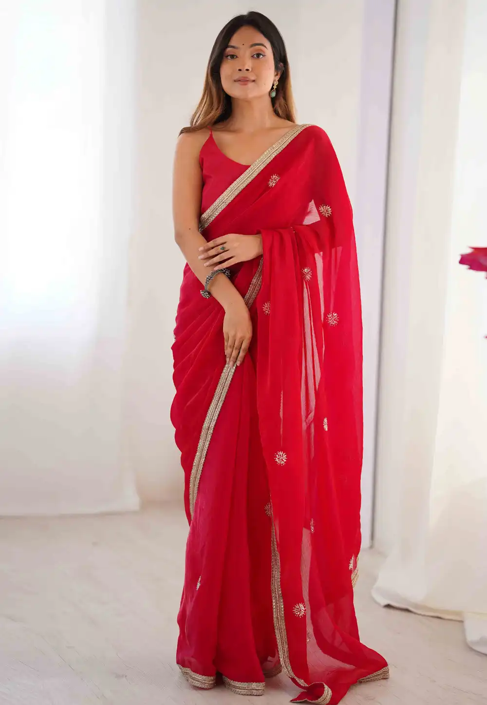 Red Chiffon Saree With Blouse 311190
