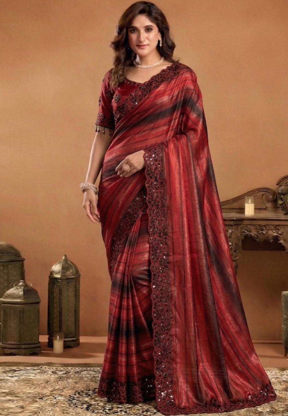 Red Chiffon Saree With Blouse 330060
