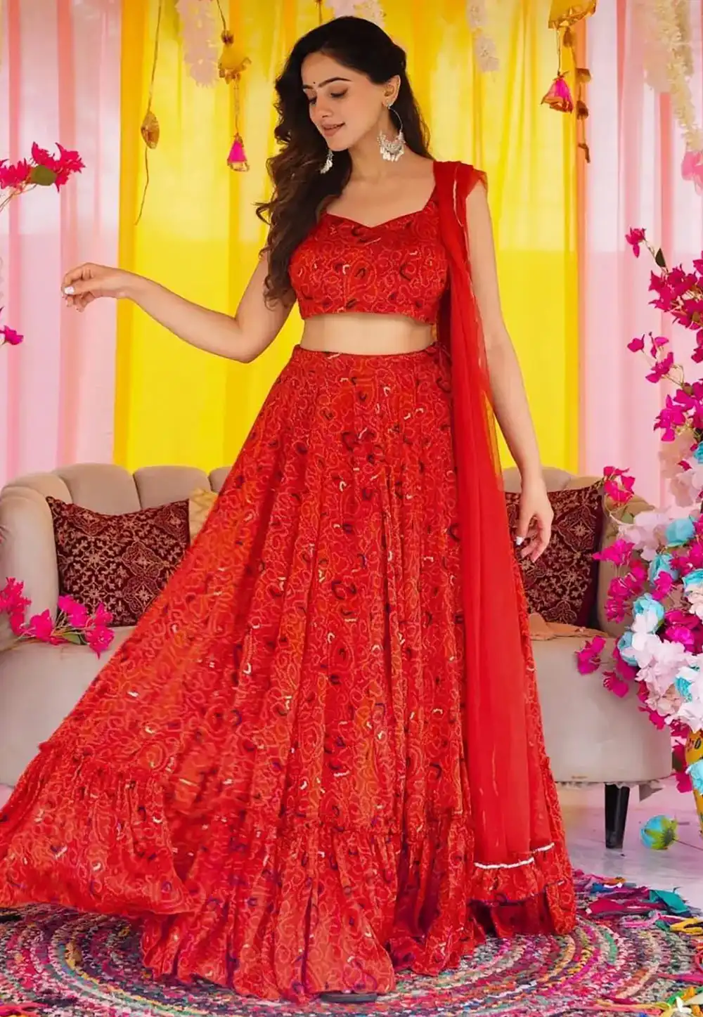 Red Chinon Circular Lehenga Choli 315081