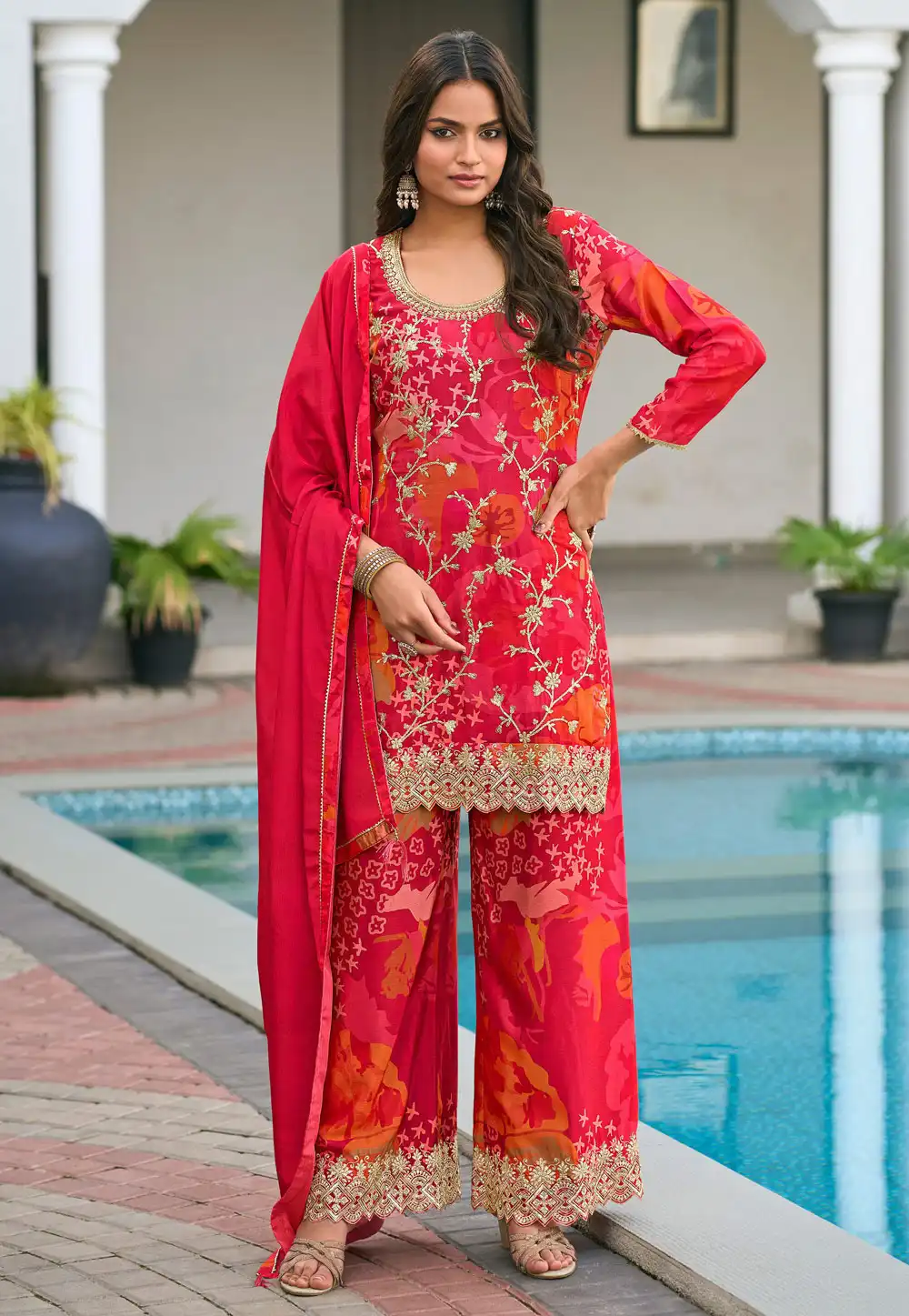 Red Chinon Pakistani Suit 314189