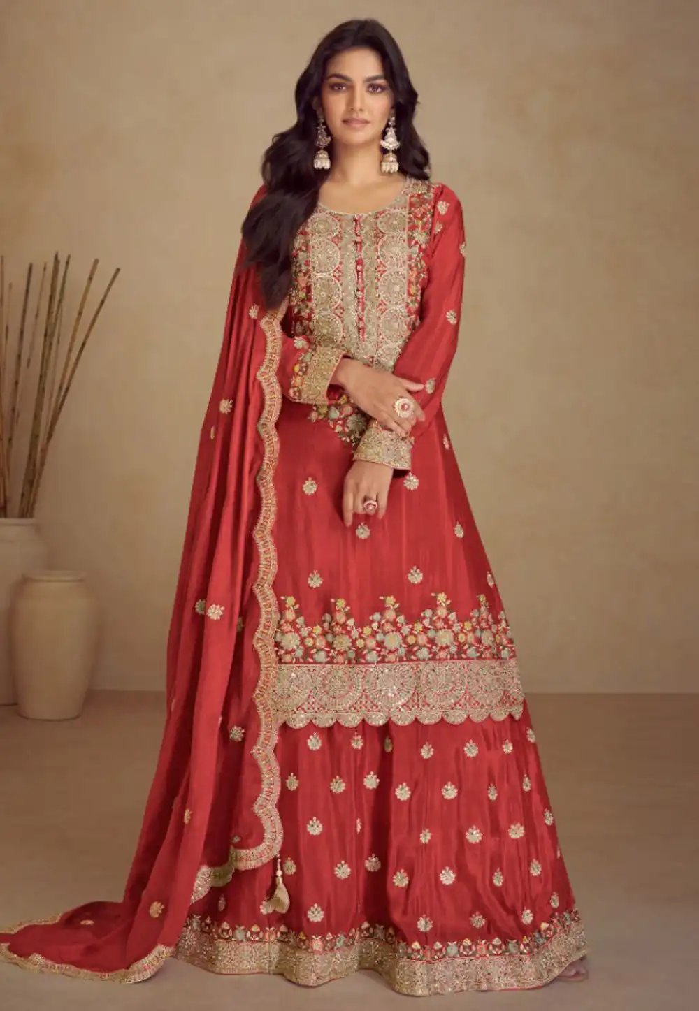 Red Chinon Pakistani Suit 328948