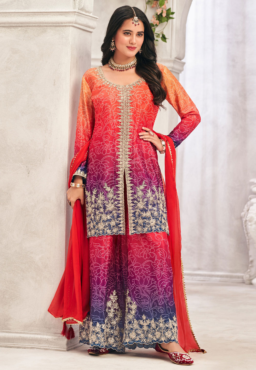 Red Chinon Palazzo Suit 306597