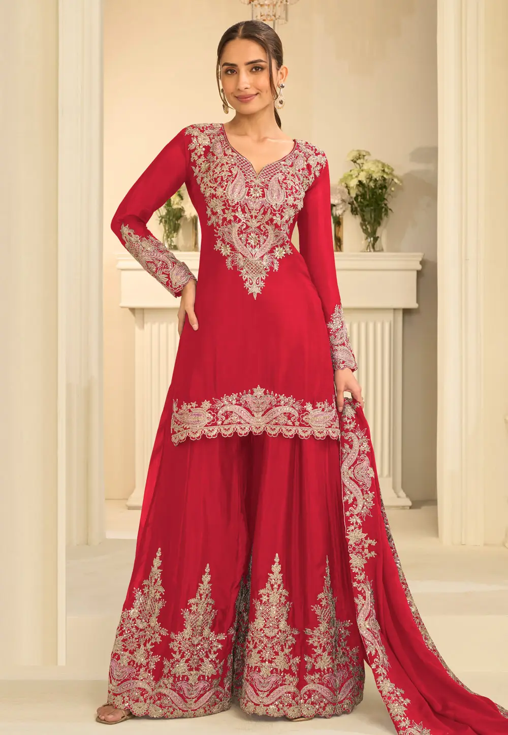 Red Chinon Palazzo Suit 335491
