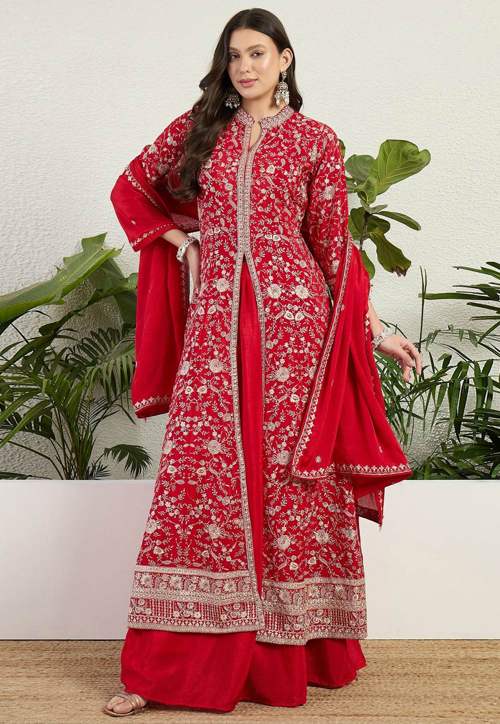 Red Chinon Readymade Anarkali Lehenga Choli 327422