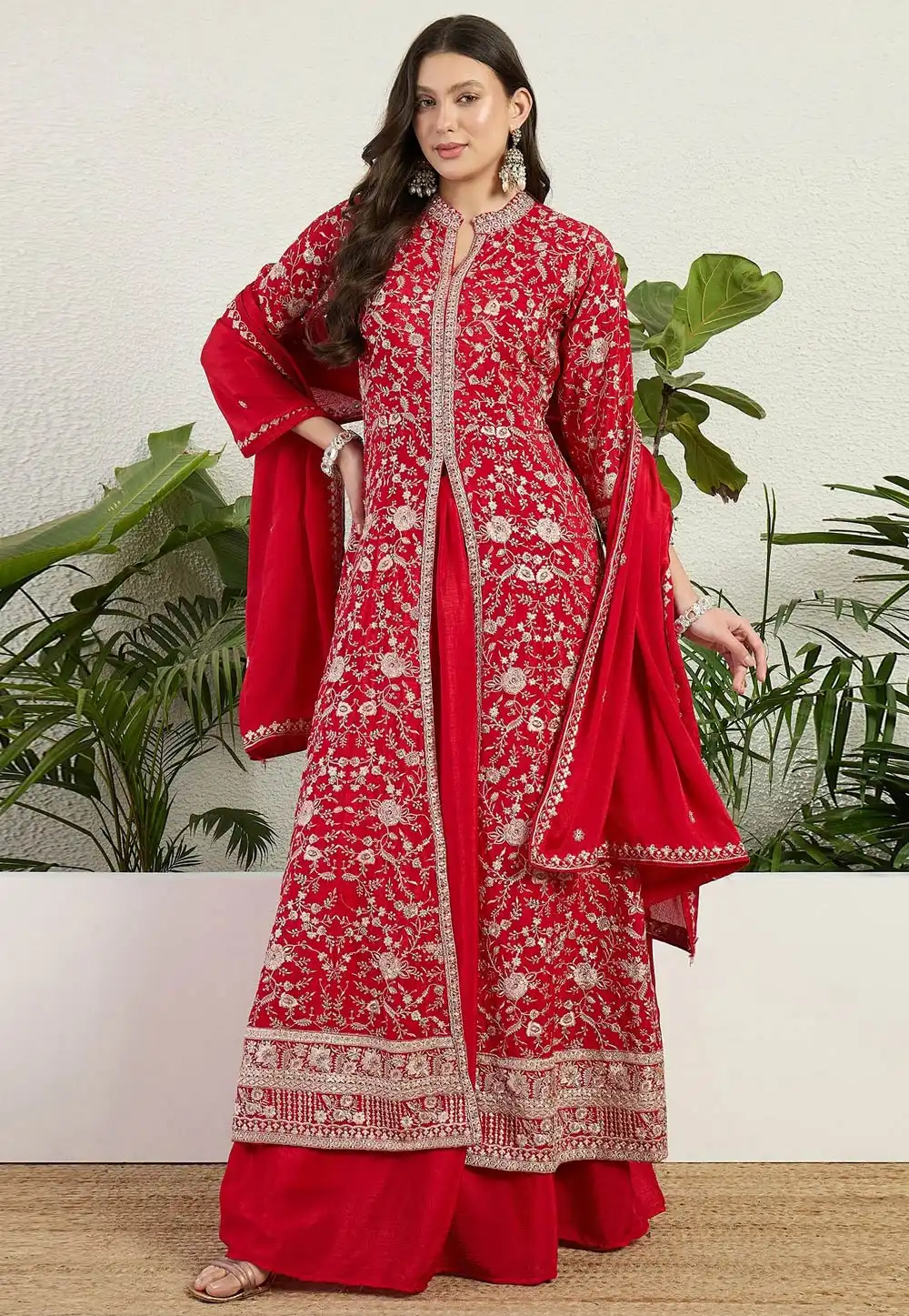 Red Chinon Readymade Anarkali Lehenga Choli 327422