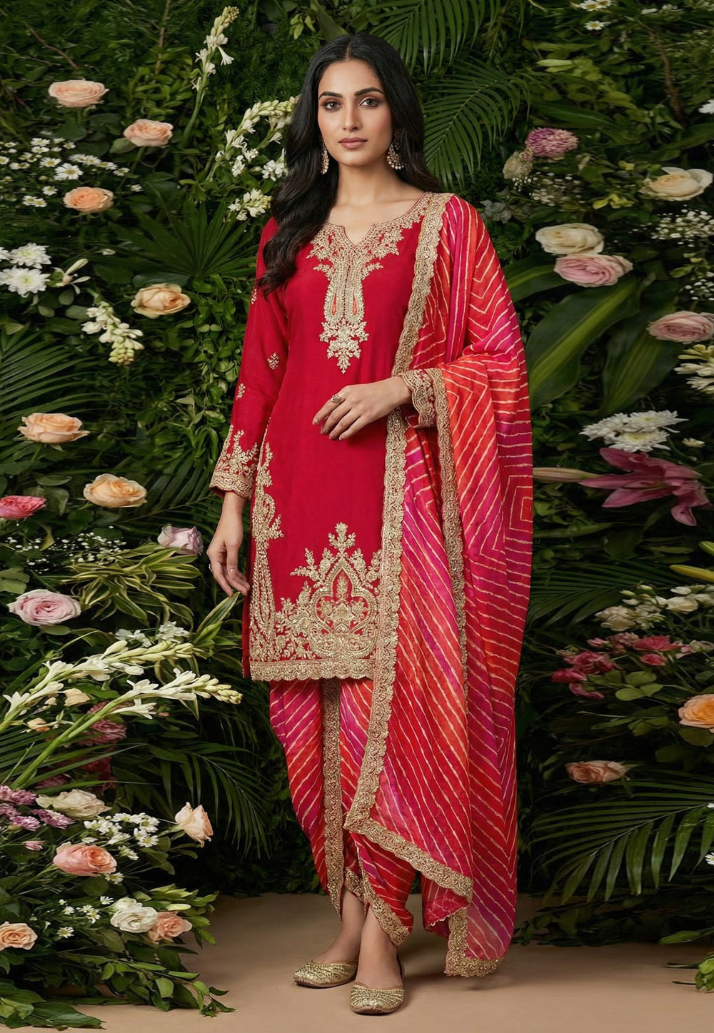 Red Chinon Readymade Dhoti Salwar Suit 321442