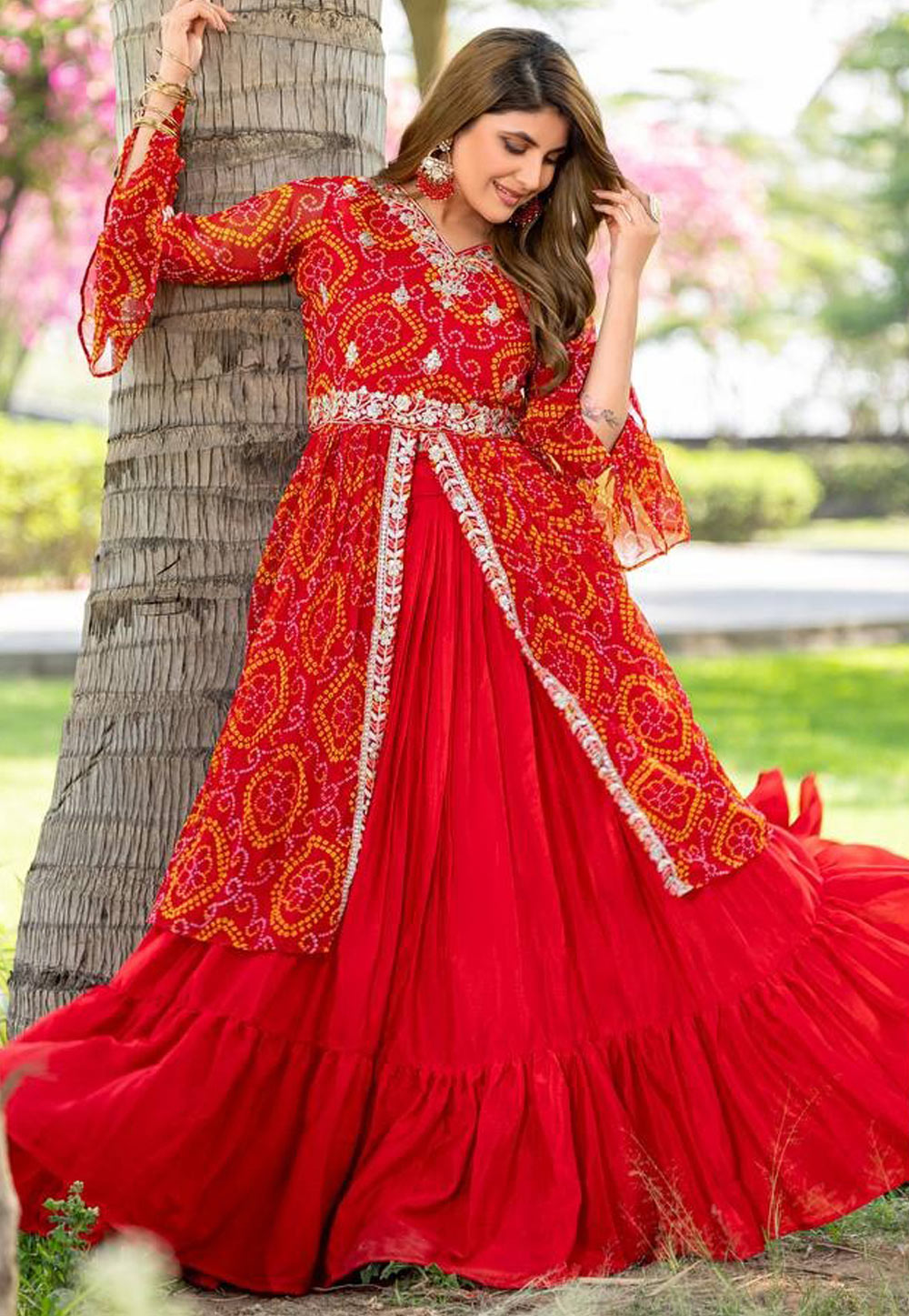 Red Chinon Readymade Indo Western Lehenga Choli 308164