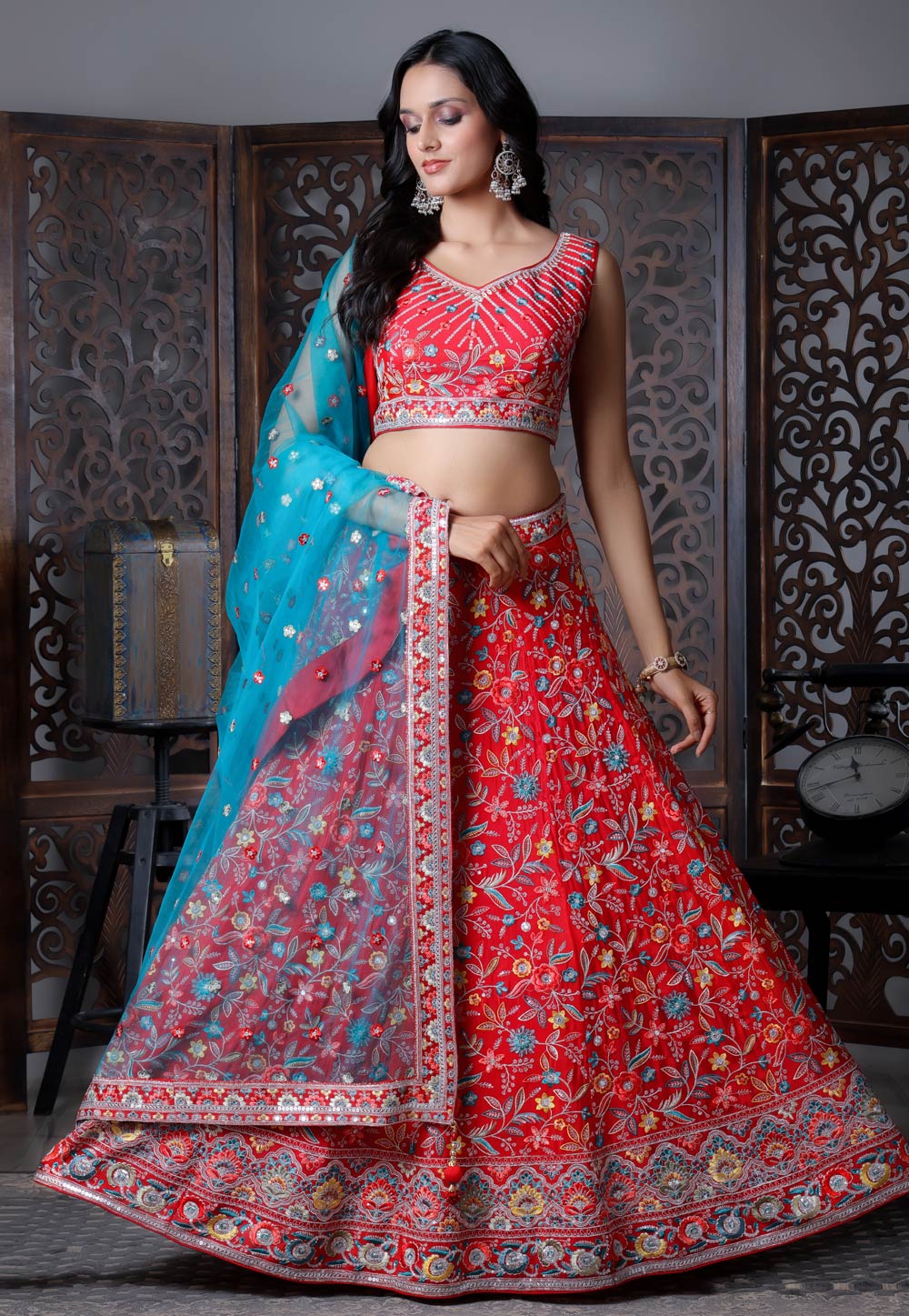 Red Chinon Readymade Lehenga Choli 307860
