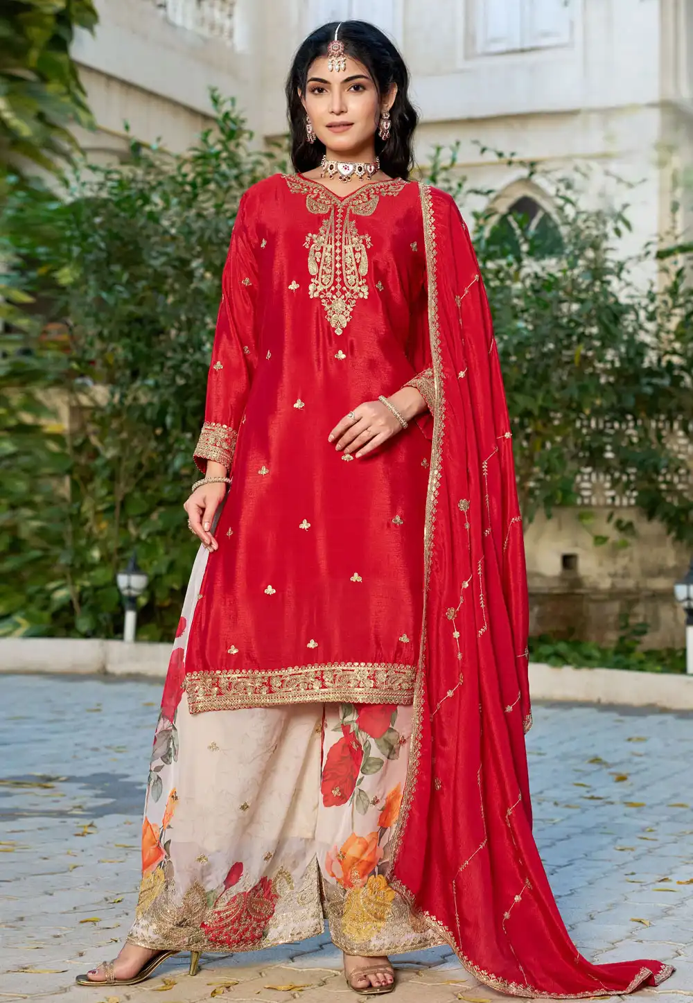 Red Chinon Readymade Pakistani Suit 328206