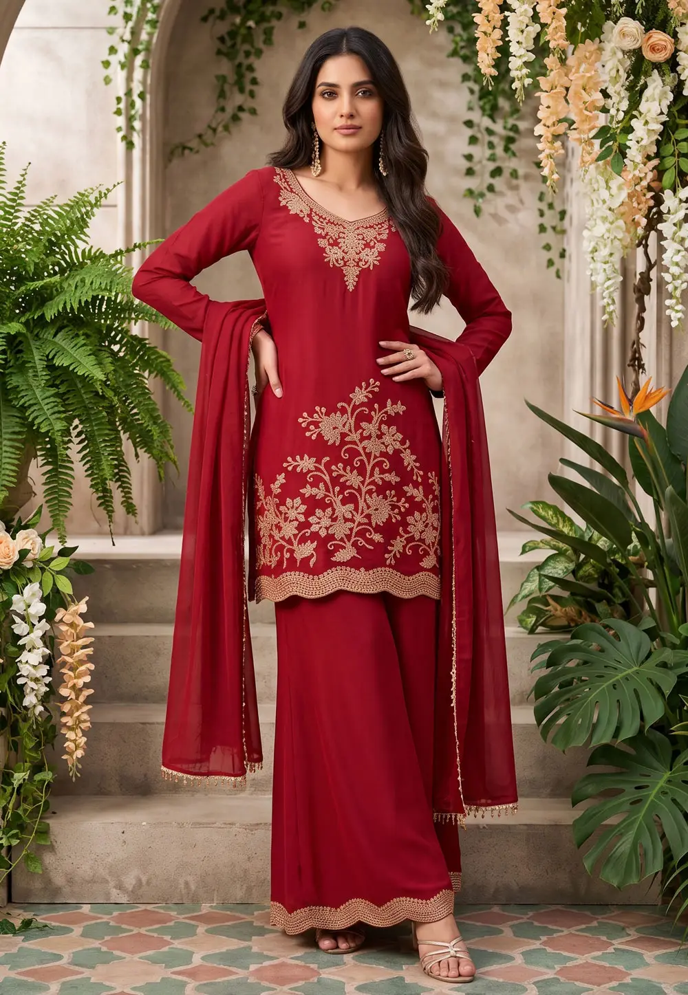 Red Chinon Readymade Palazzo Suit 333794