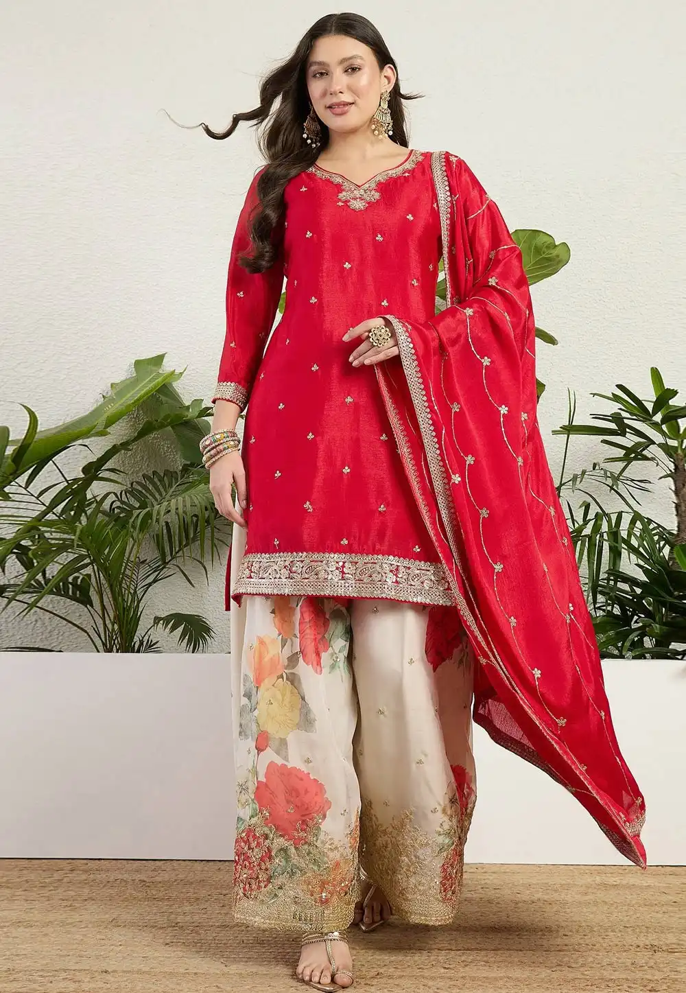 Red Chinon Readymade Palazzo Suit 330675