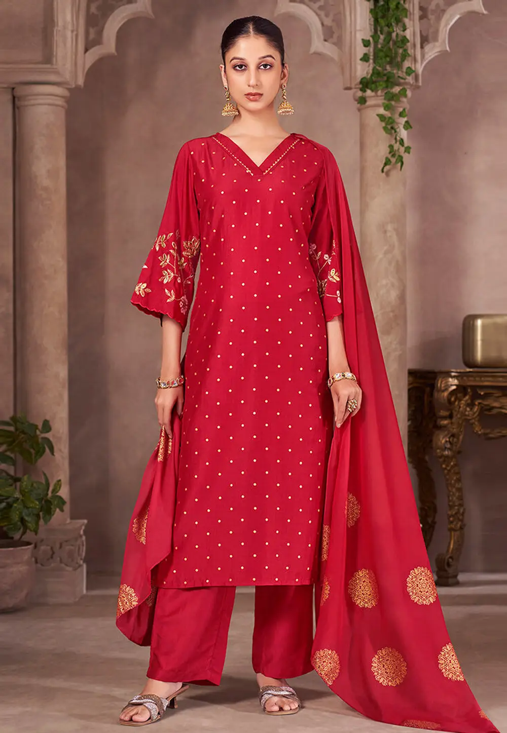 Red Chinon Readymade Straight Suit 334203