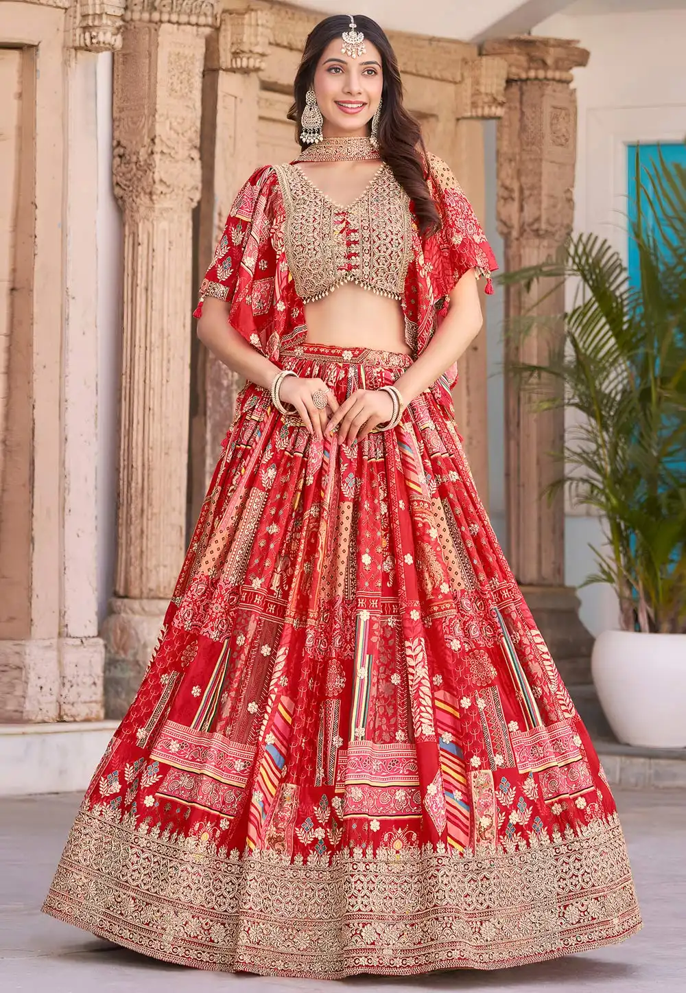 Red Chinon Silk Circular Lehenga Choli 314496