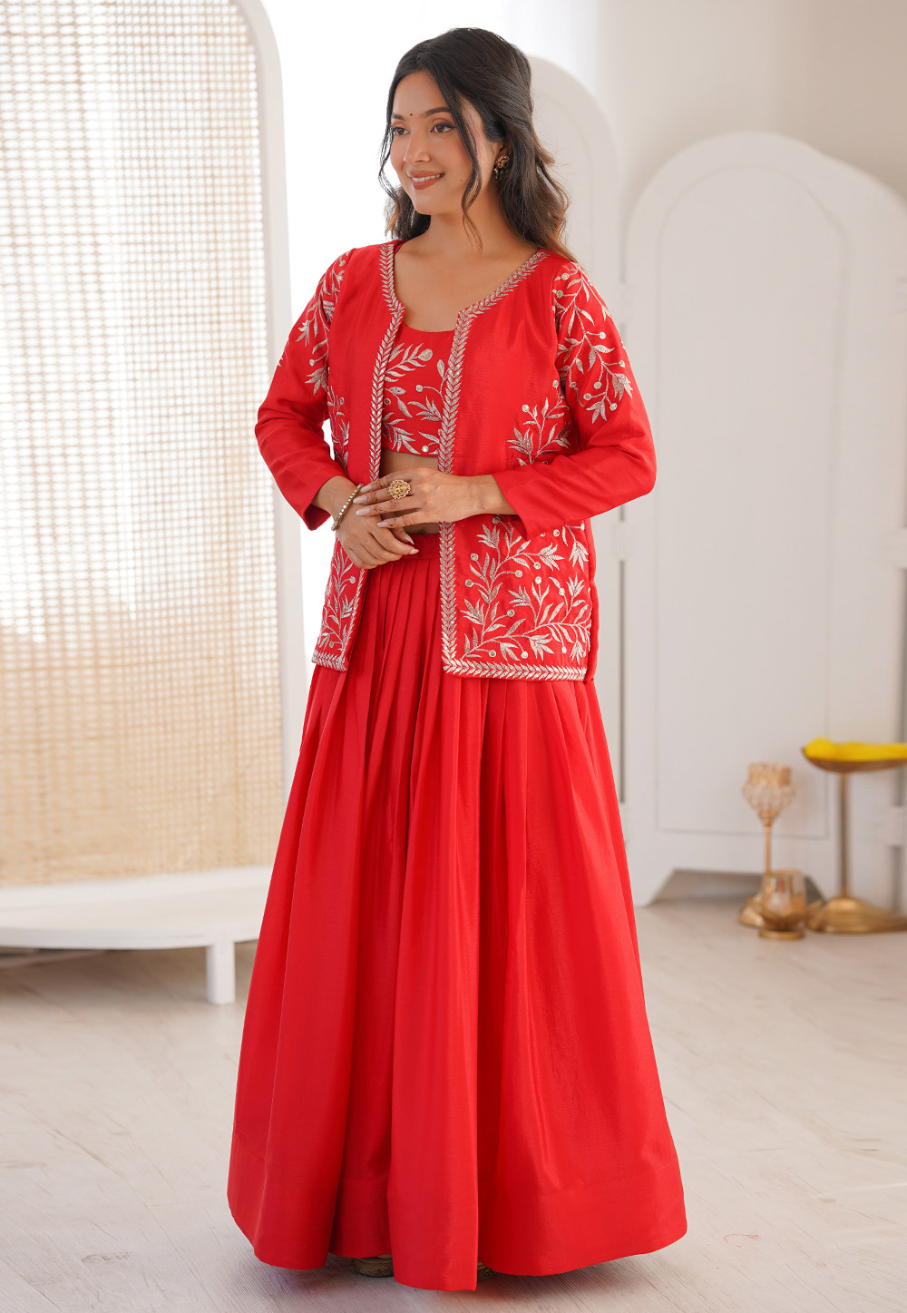 Red Chinon Silk Indo Western Lehenga Choli 325773