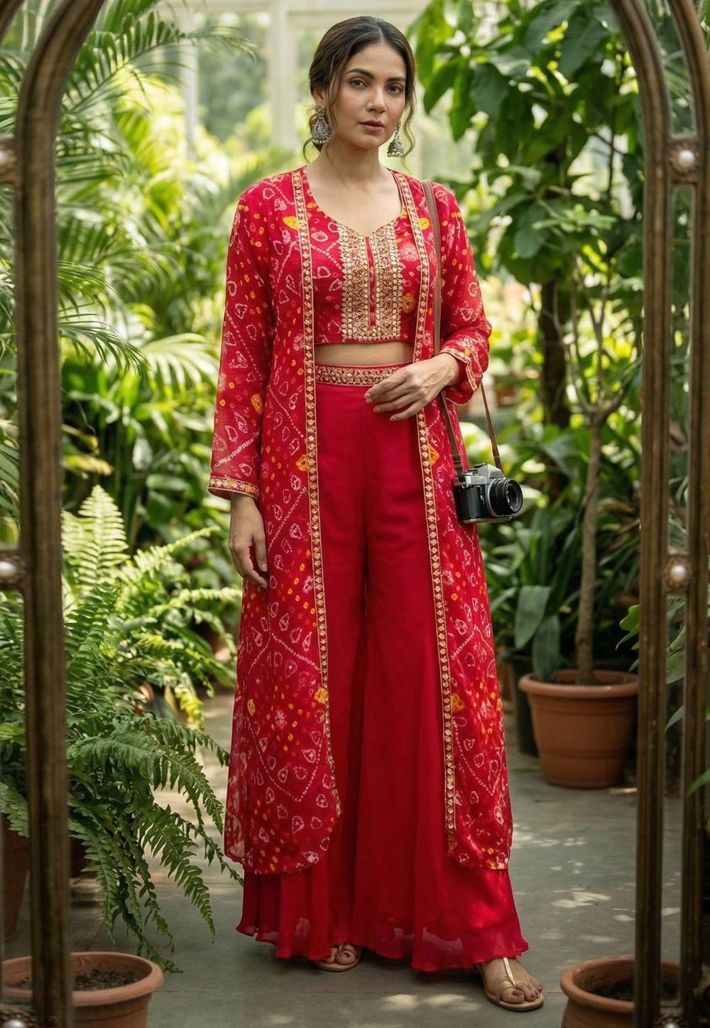 Red Chinon Silk Palazzo With Crop Top 327338