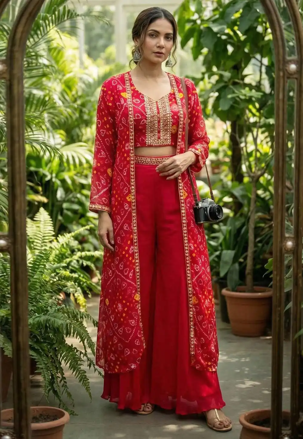 Red Chinon Silk Palazzo With Crop Top 327338