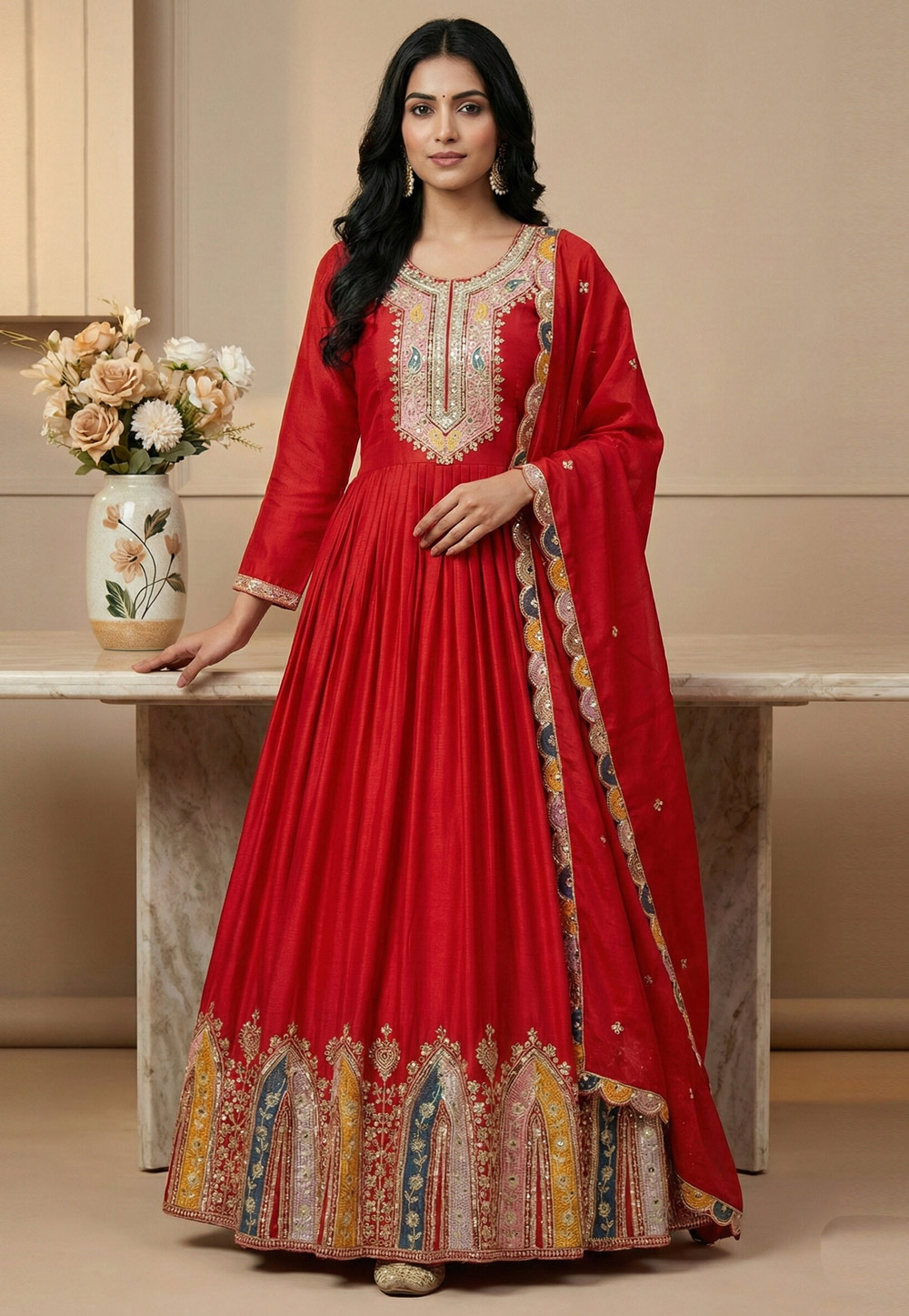 Red Chinon Silk Readymade Anarkali Suit 324010