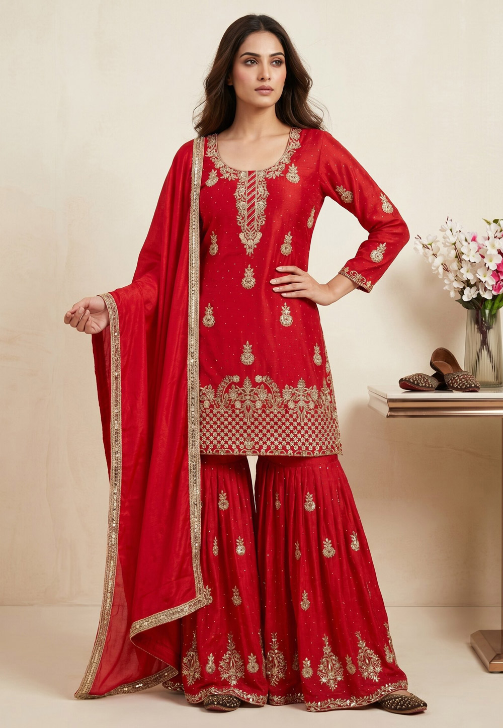 Red Chinon Silk Readymade Gharara Suit 330344