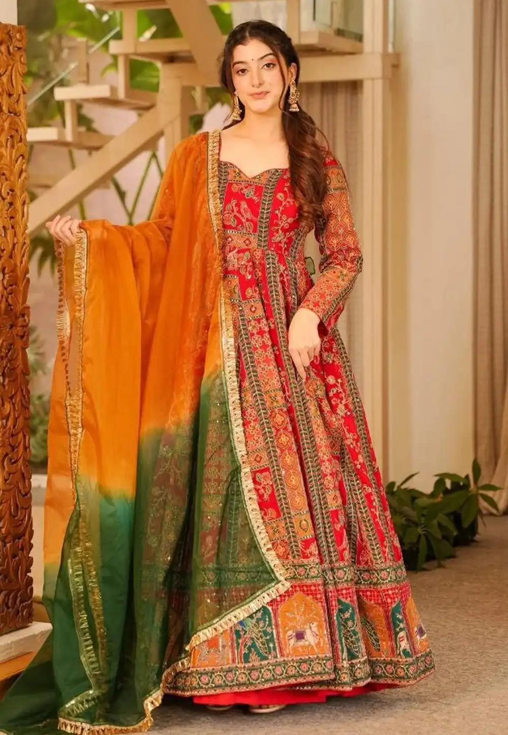 Red Chinon Silk Readymade Long Anarkali Suit 329611