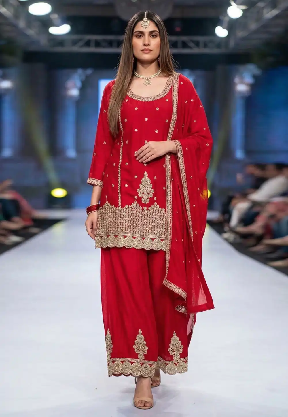 Red Chinon Silk Readymade Pakistani Suit 326451
