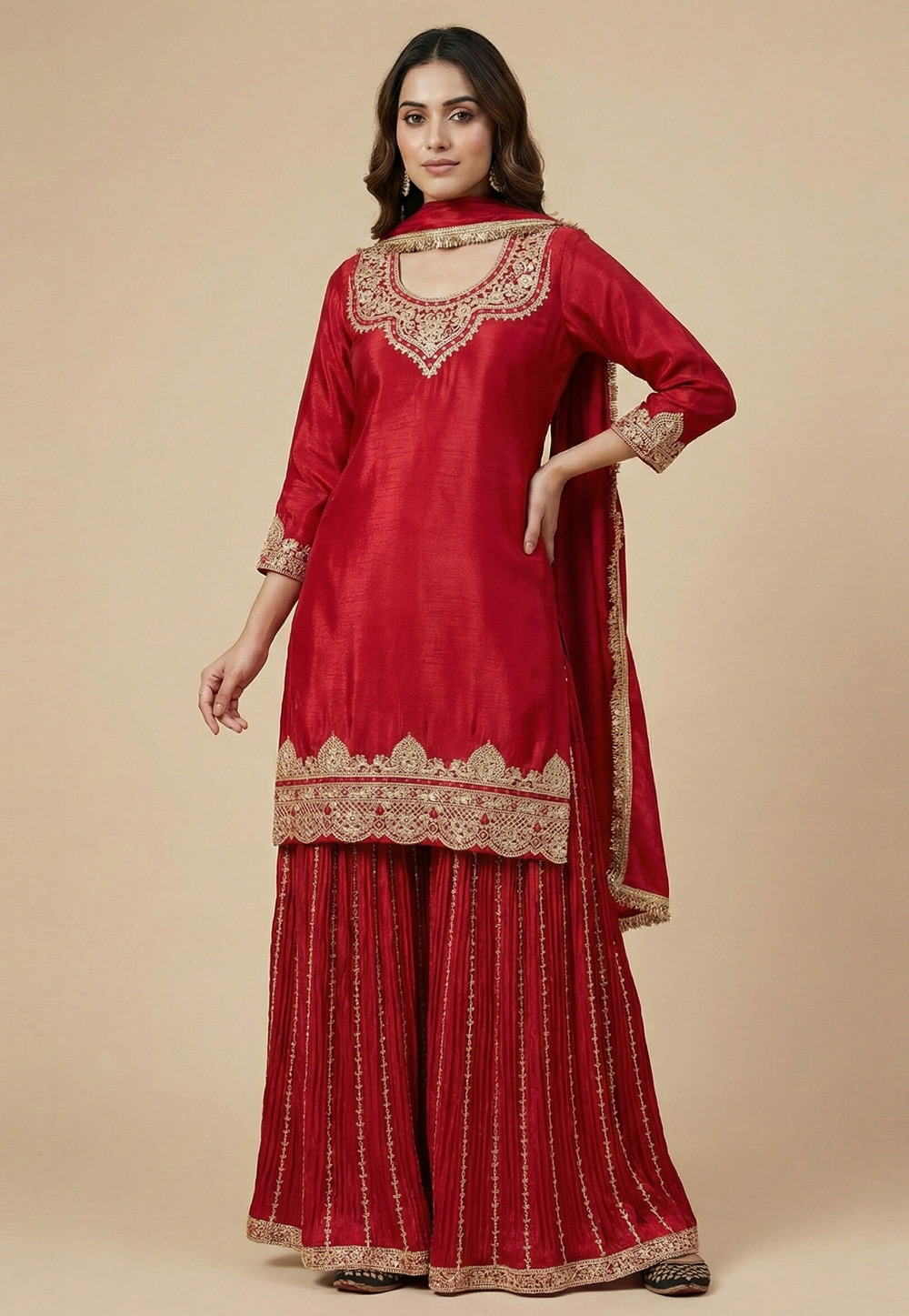 Red Chinon Silk Readymade Sharara Suit 323284