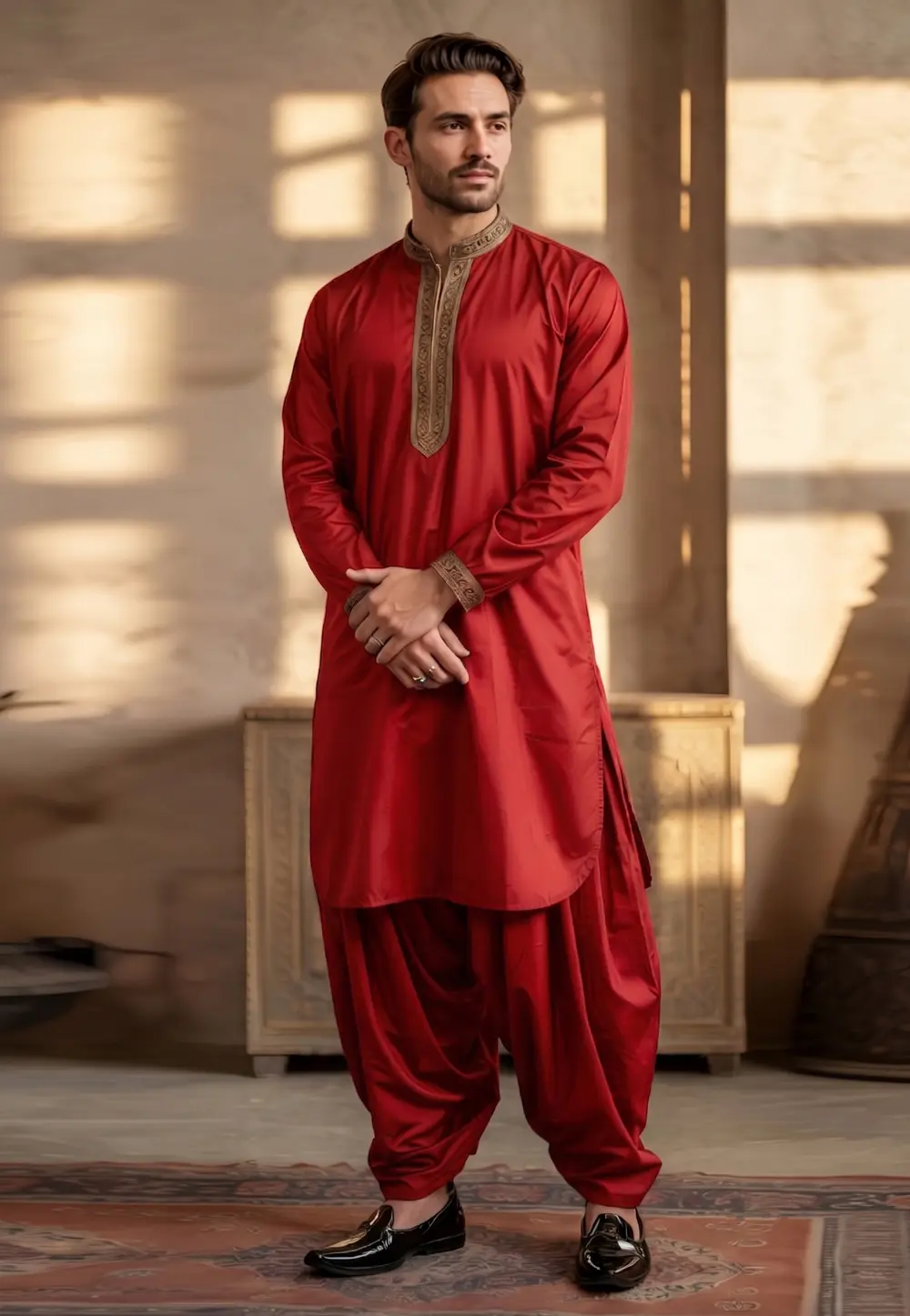Red Cotton Dhoti Kurta 331916