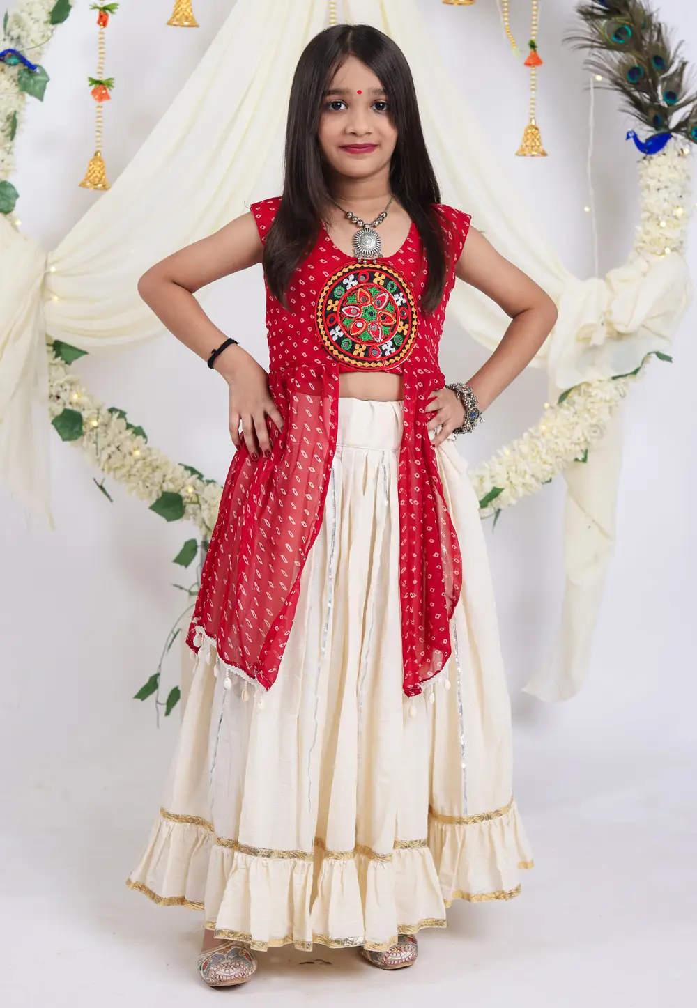 Red Cotton Girls Navratri Lehenga Choli 335689
