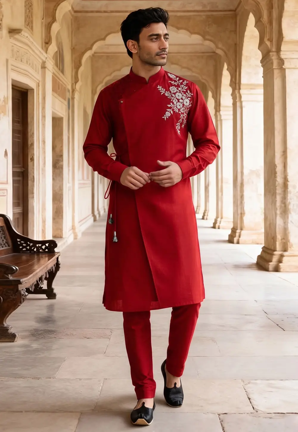 Red Cotton Indo Western Kurta 331940