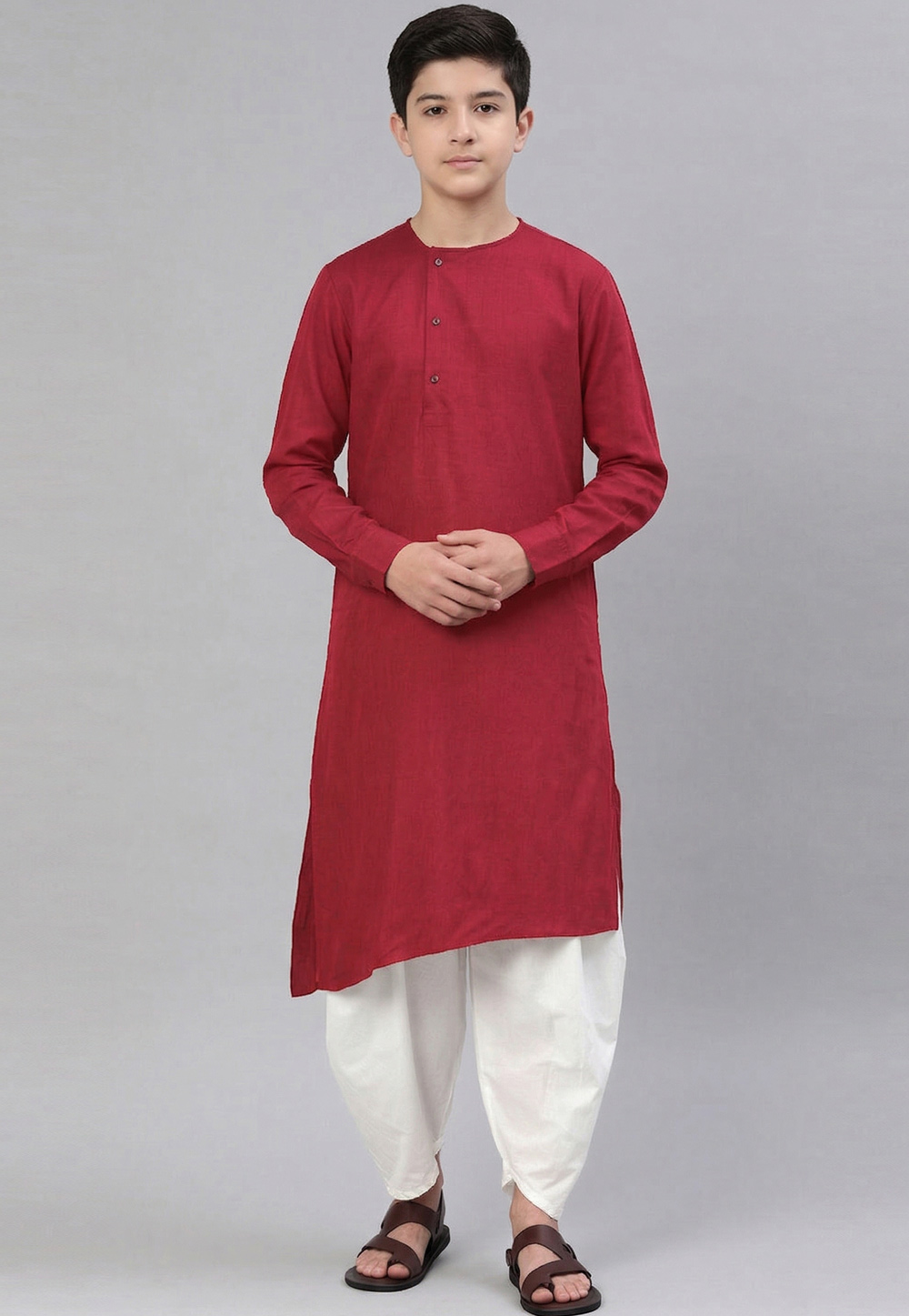 Red Cotton Kids Dhoti Kurta 326634