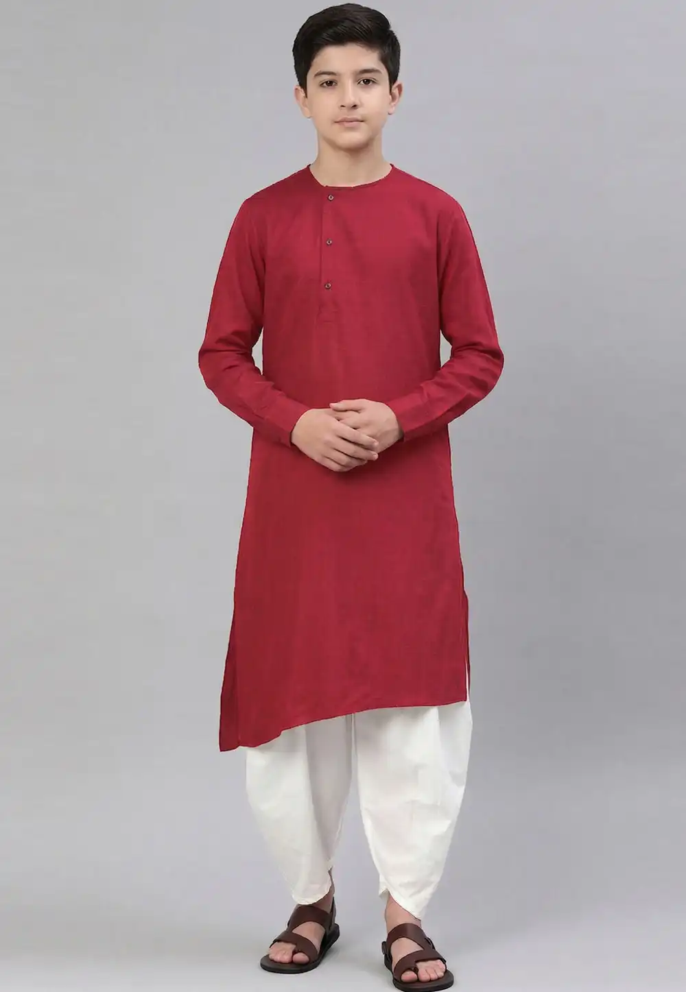 Red Cotton Kids Dhoti Kurta 326634