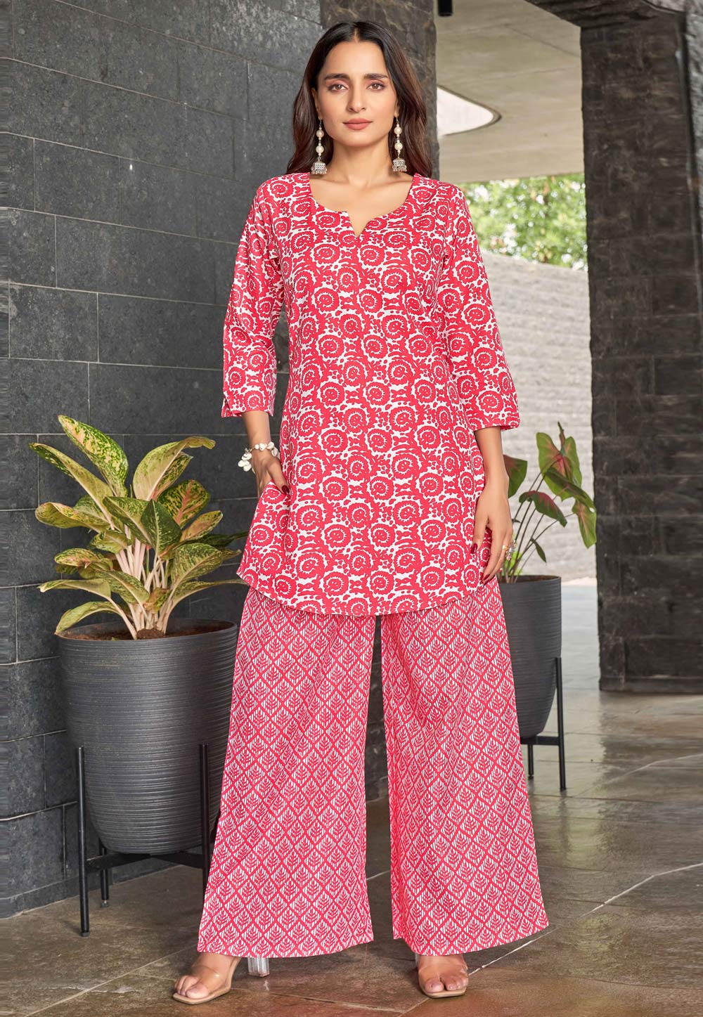 Red Cotton Kurta Set With Palazzo 328642
