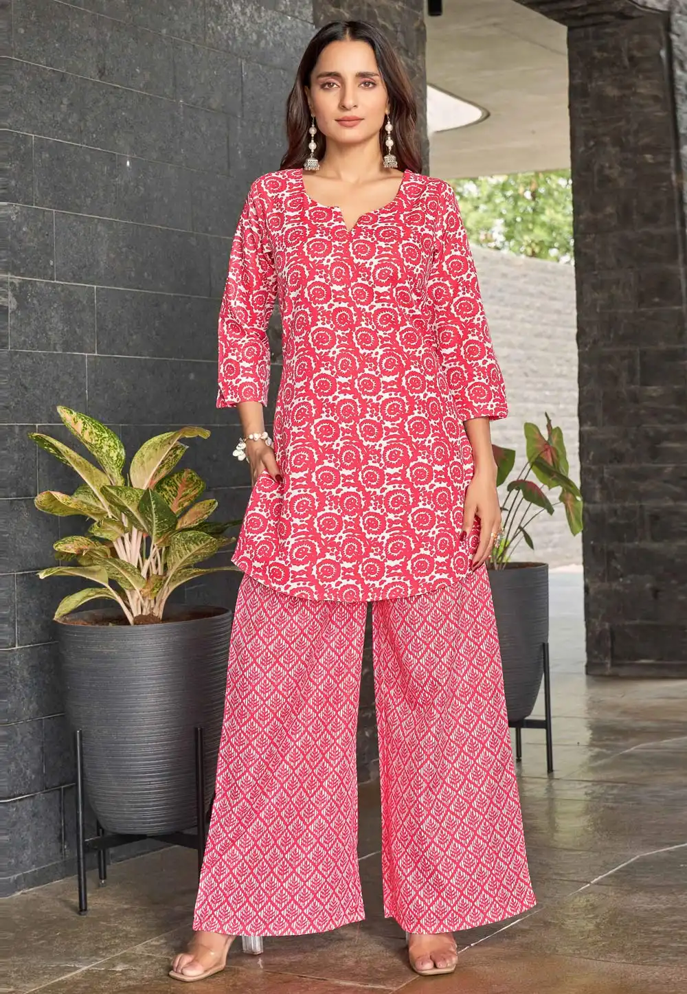 Red Cotton Kurta Set With Palazzo 328642