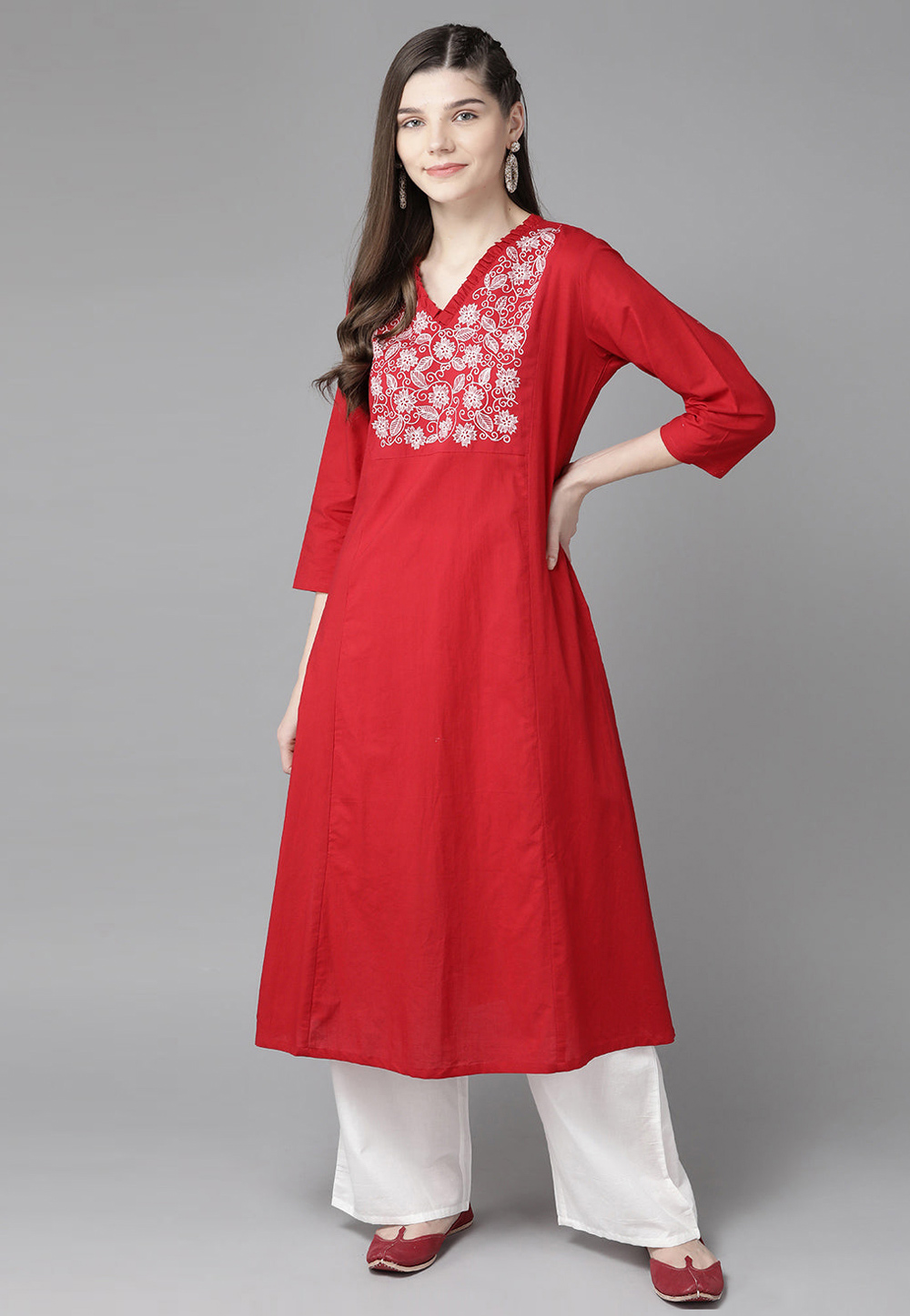 Red Cotton Kurta Set With Palazzo 281401