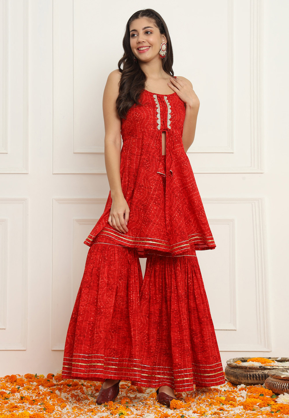 Red Cotton Kurta Set With Sharara 308165