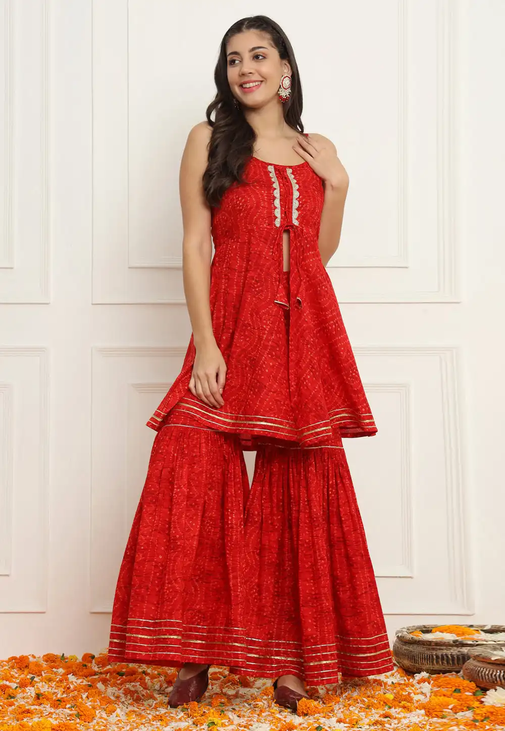 Red Cotton Kurta Set With Sharara 308165